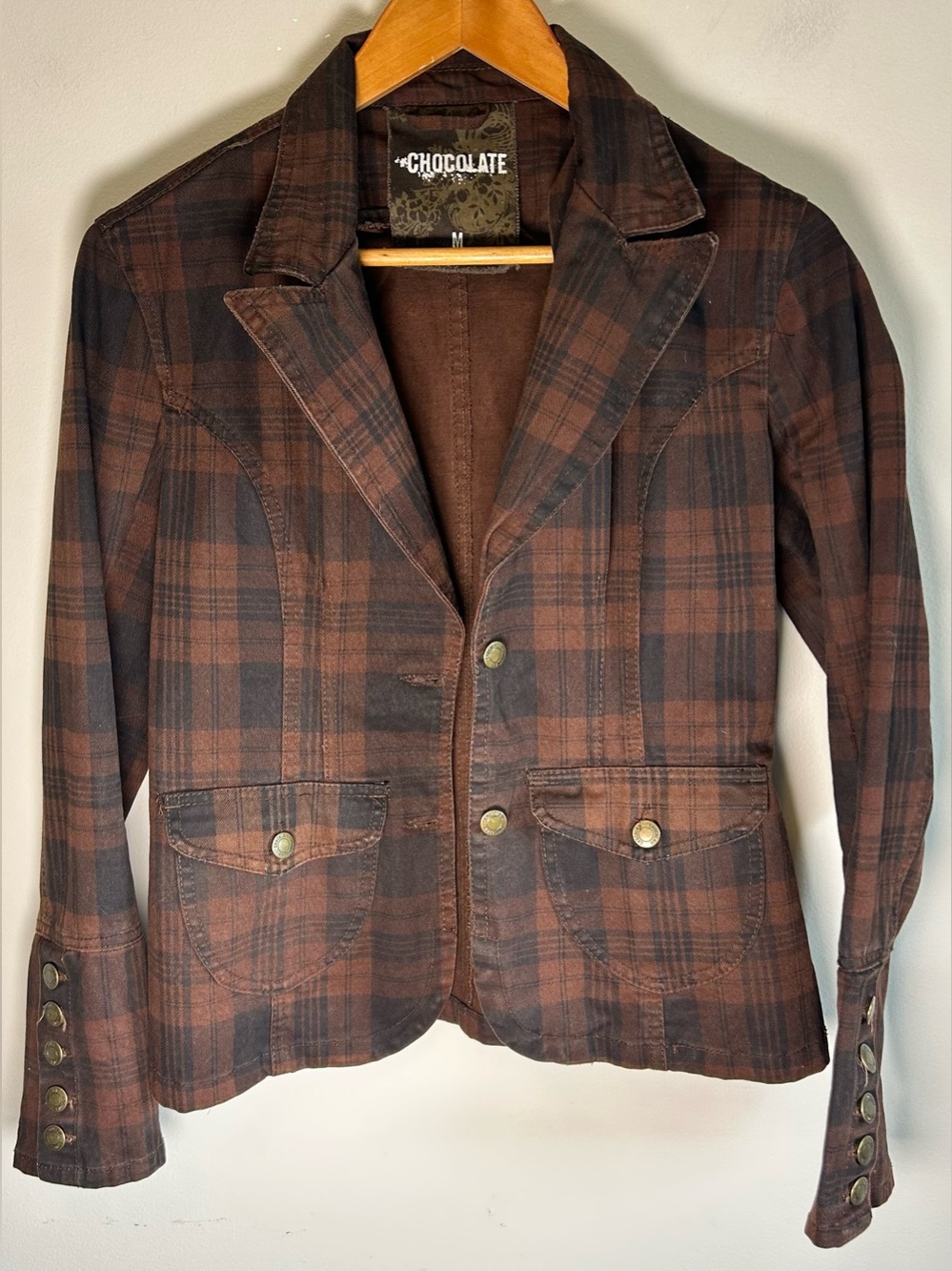 Vintage Chocolate USA Brown Plaid Blazer Jacket Women’s M Cotton Academia Y2K